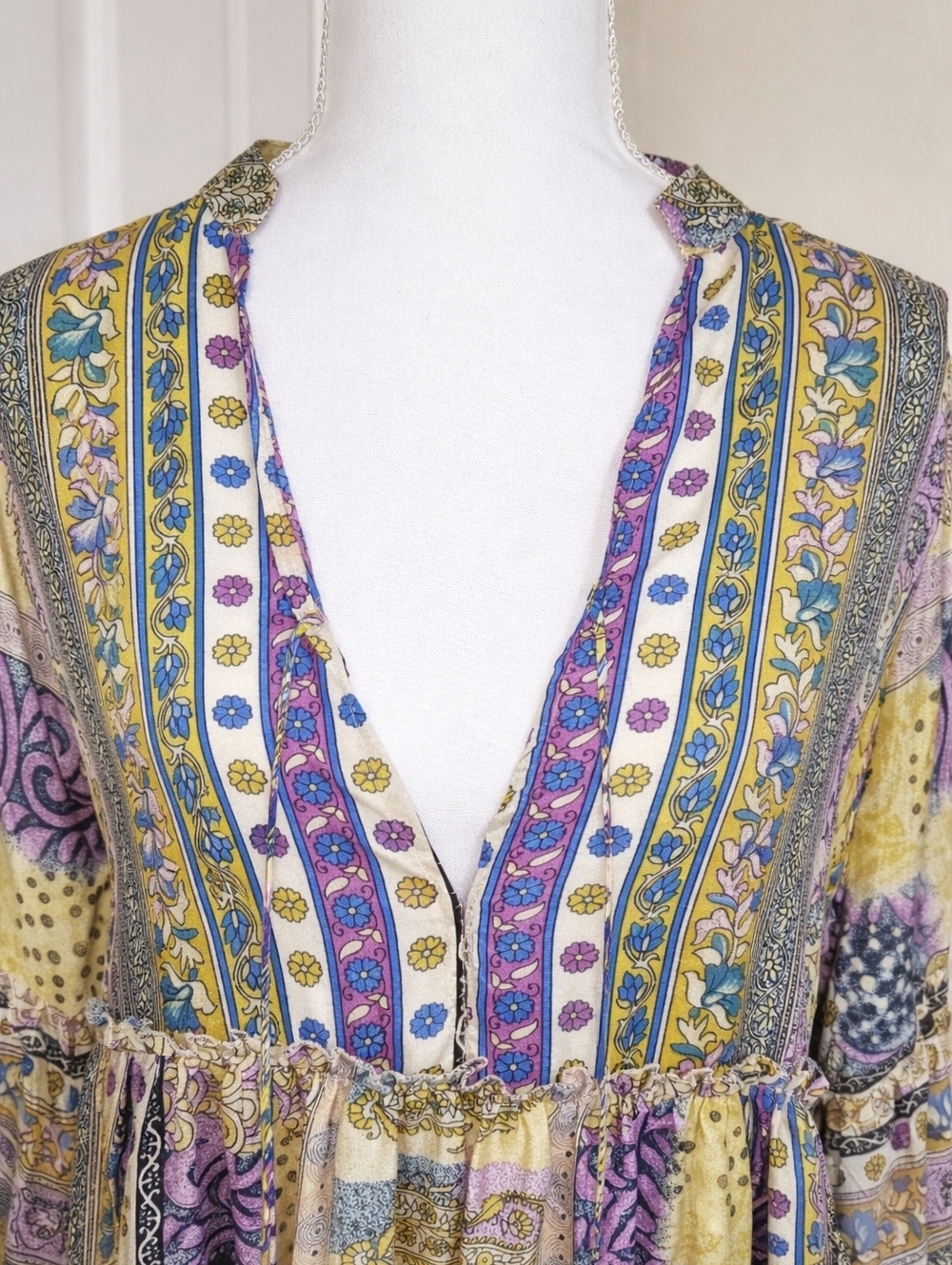 Zury Silk Blend Patchwork Paisley Tunic Boho Resort Cover Up Tassel Free Size - Picture 3 of 11